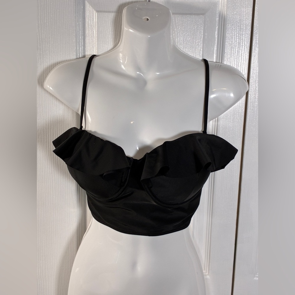 NWT Fashion Effect Store Black Ruffle Bustier Swimsuit Top